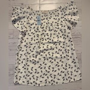 LOFT Ivory and Black Patterned Top XXS Petite